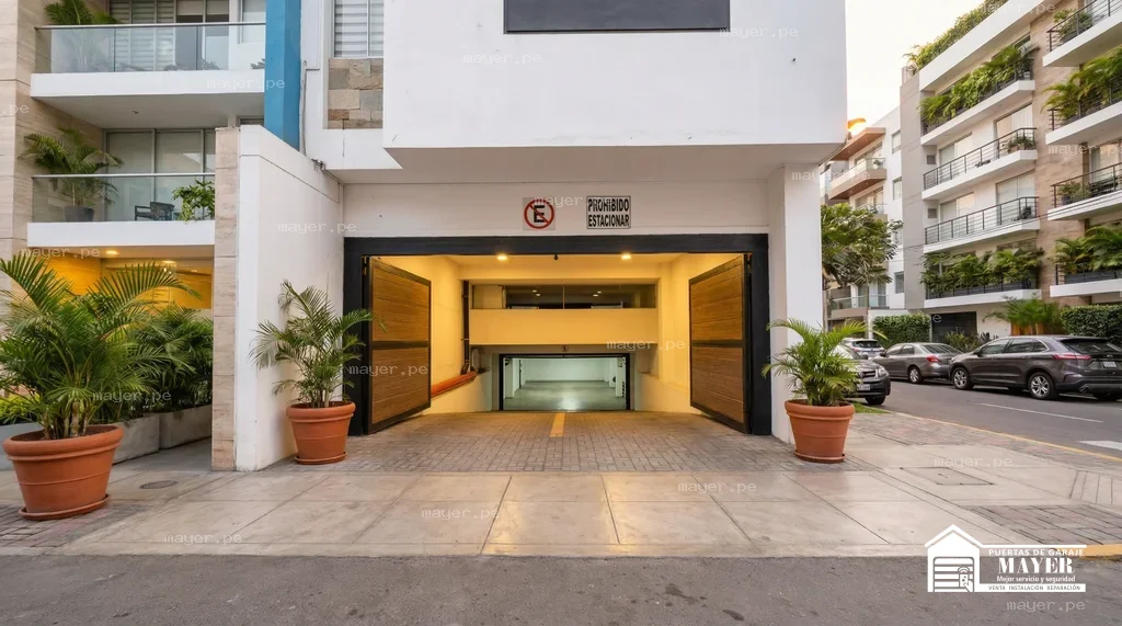 Puerta de garaje batiente tipo madera entrada cerrada