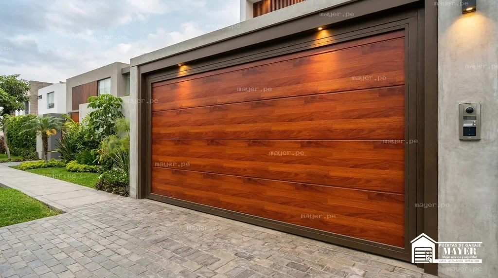 Puerta de garaje levadiza tipo madera calida marco negro