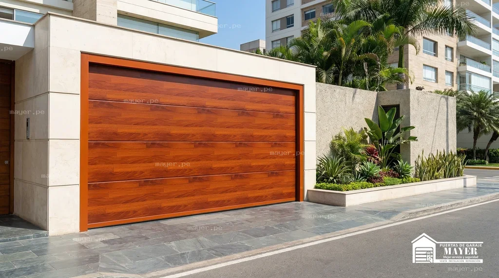 Puerta levadiza tipo madera vista diagonal garaje