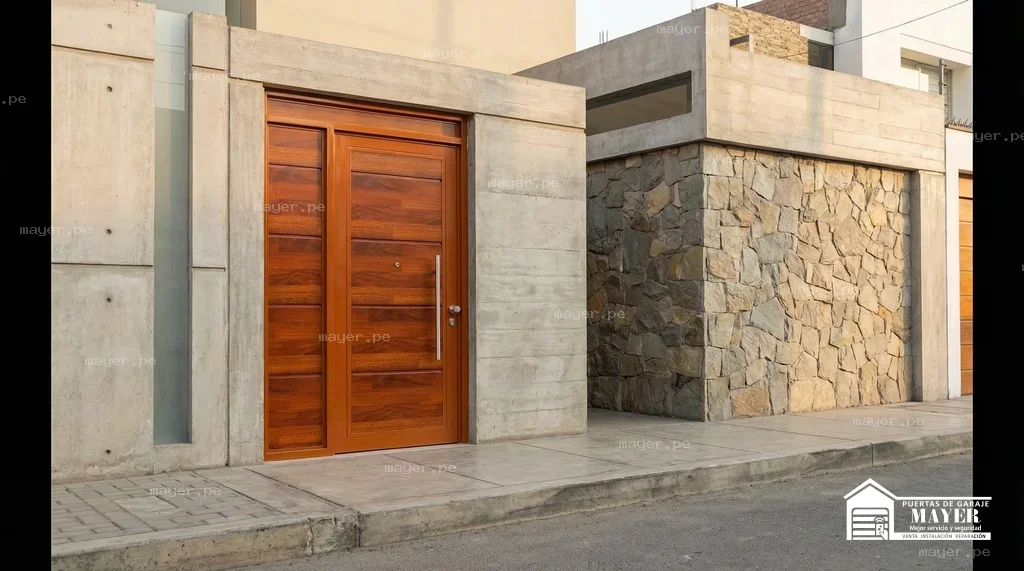 Puerta principal madera marco gris minimalista instalada en residencia.