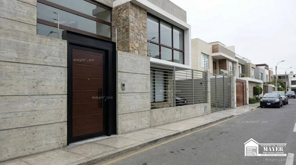 Puerta seguridad madera oscura moderna instalada en residencia.